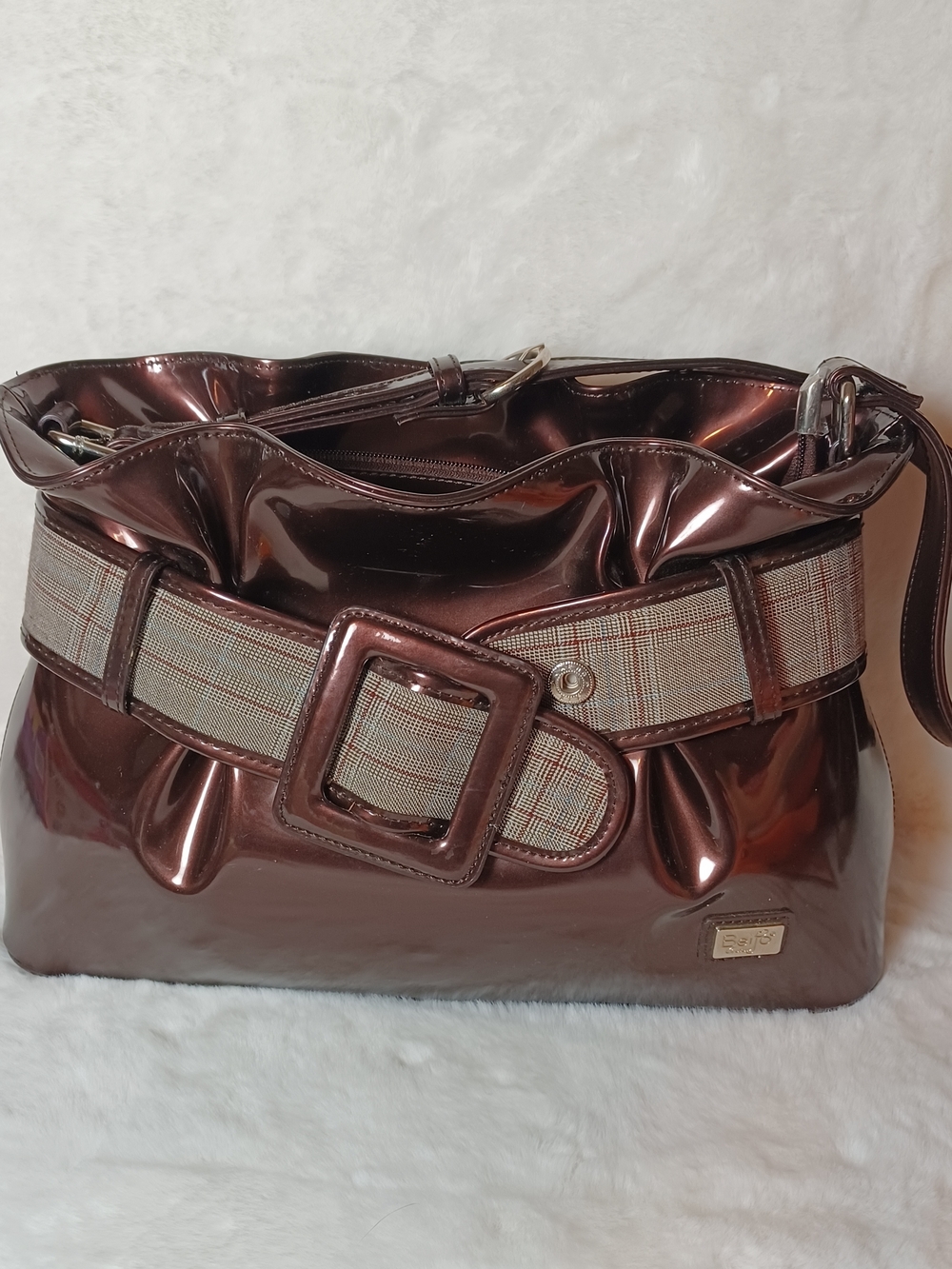 Beijo Metallic Brown Shoulder Bag with Plaid Belt Accent